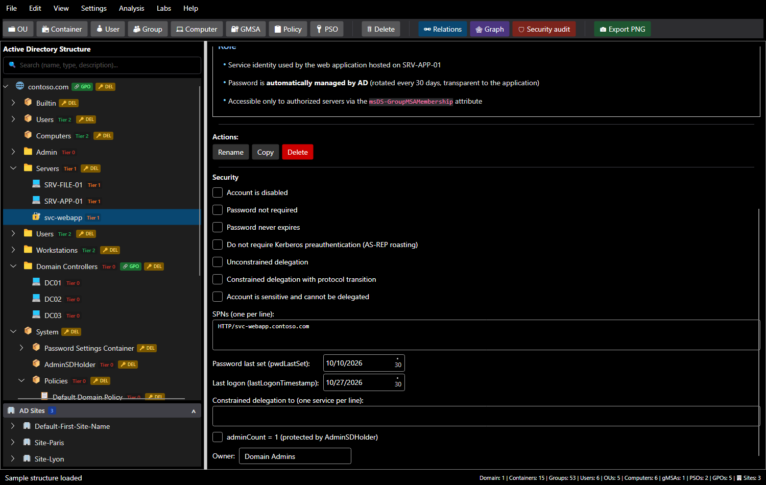 Security section of a service account