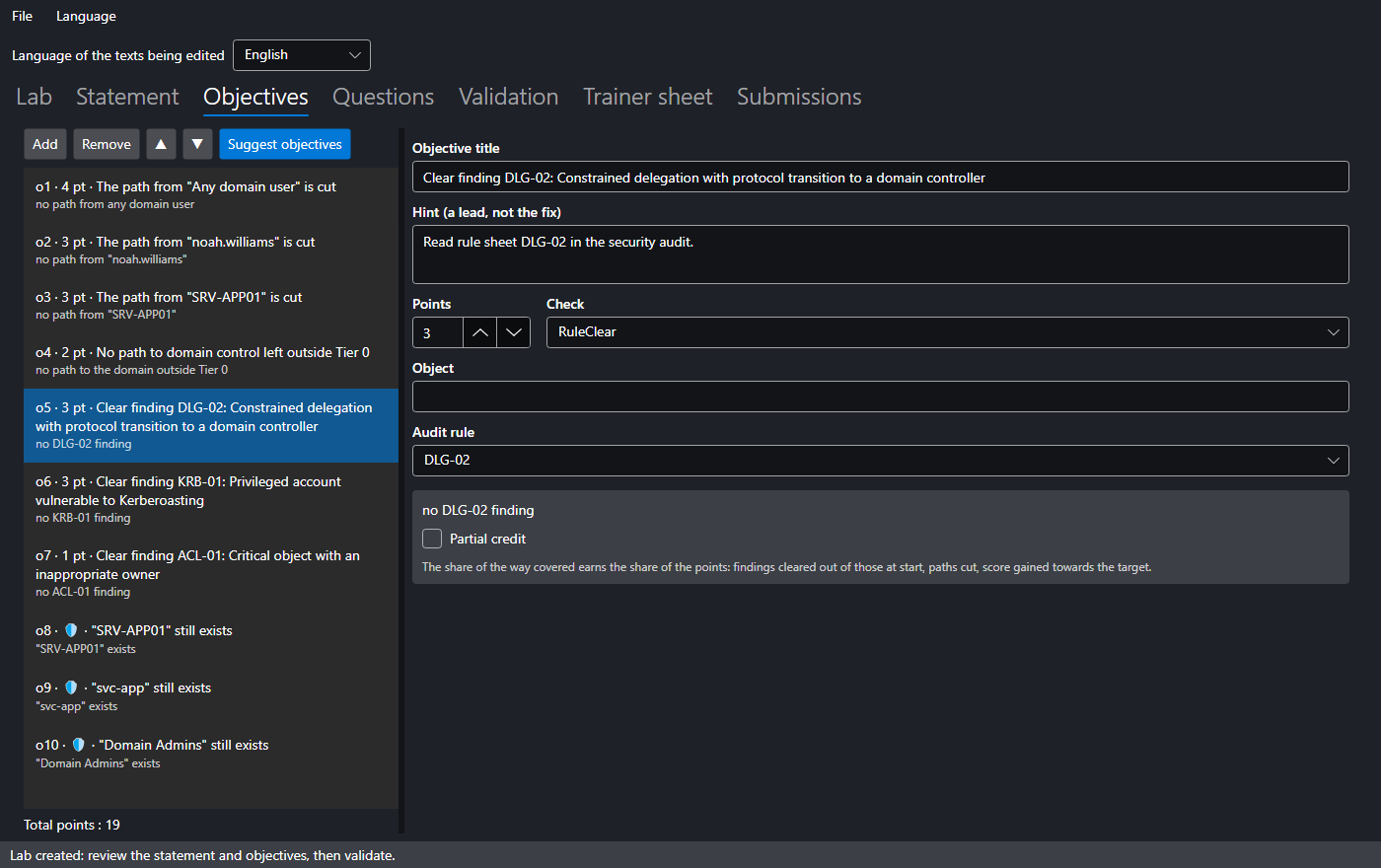 Objectives tab