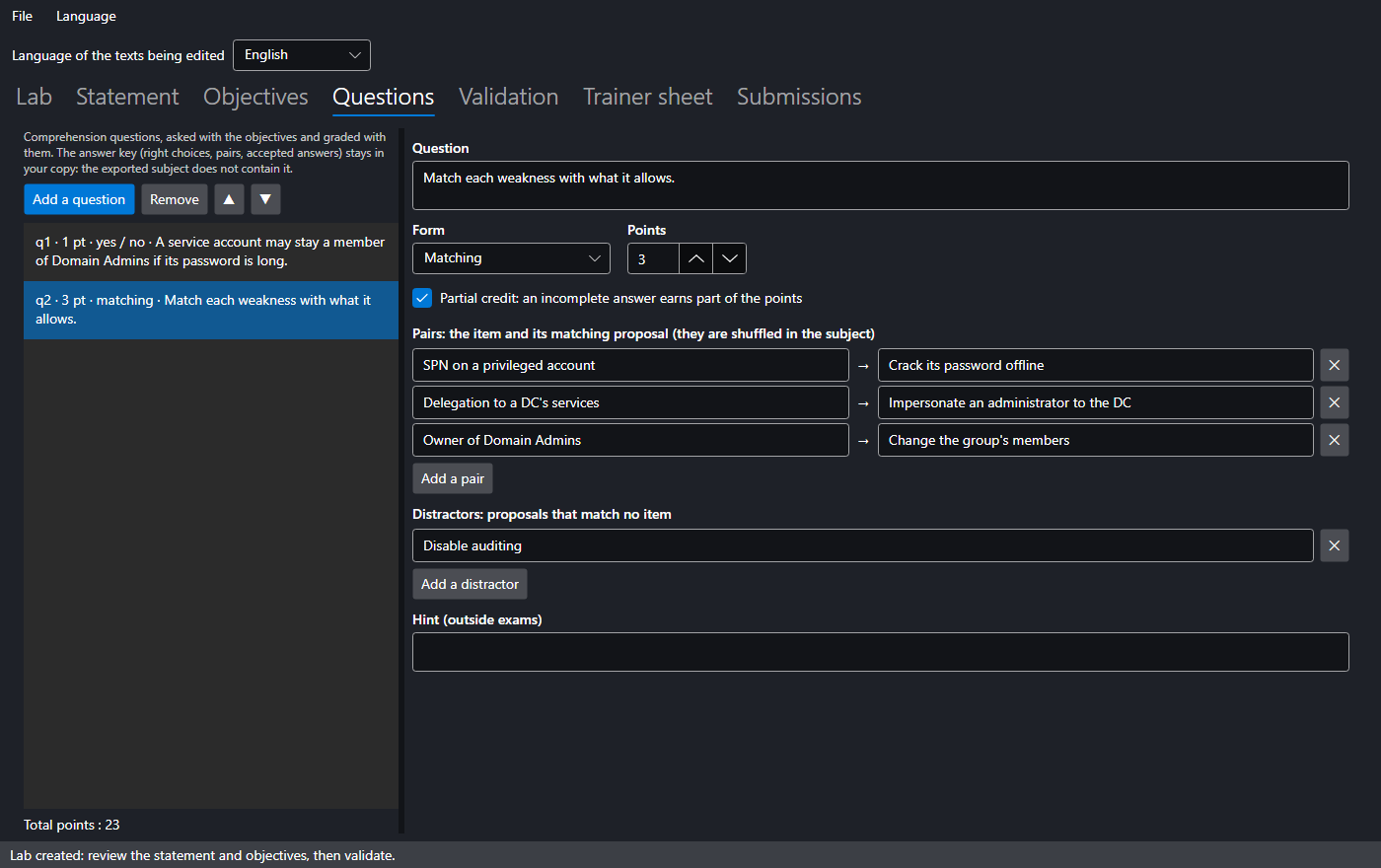 Questions tab